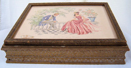Vintage Wooden Dresser Box Glove Jewelry Box with Mirror Victorian Scene Top - £15.95 GBP