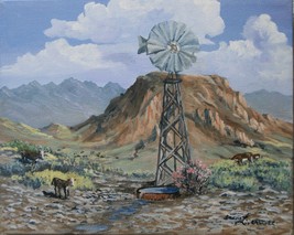 Cattle at Western Desert Windmill Landscape Original Oil by Irene Liverm... - $165.00