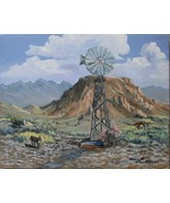 Cattle at Western Desert Windmill Landscape Original Oil by Irene Livermore  - $165.00