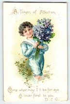 Valentines Day Postcard Tuck A Token Of Affection Victorian Child Blue Flowers - £10.06 GBP