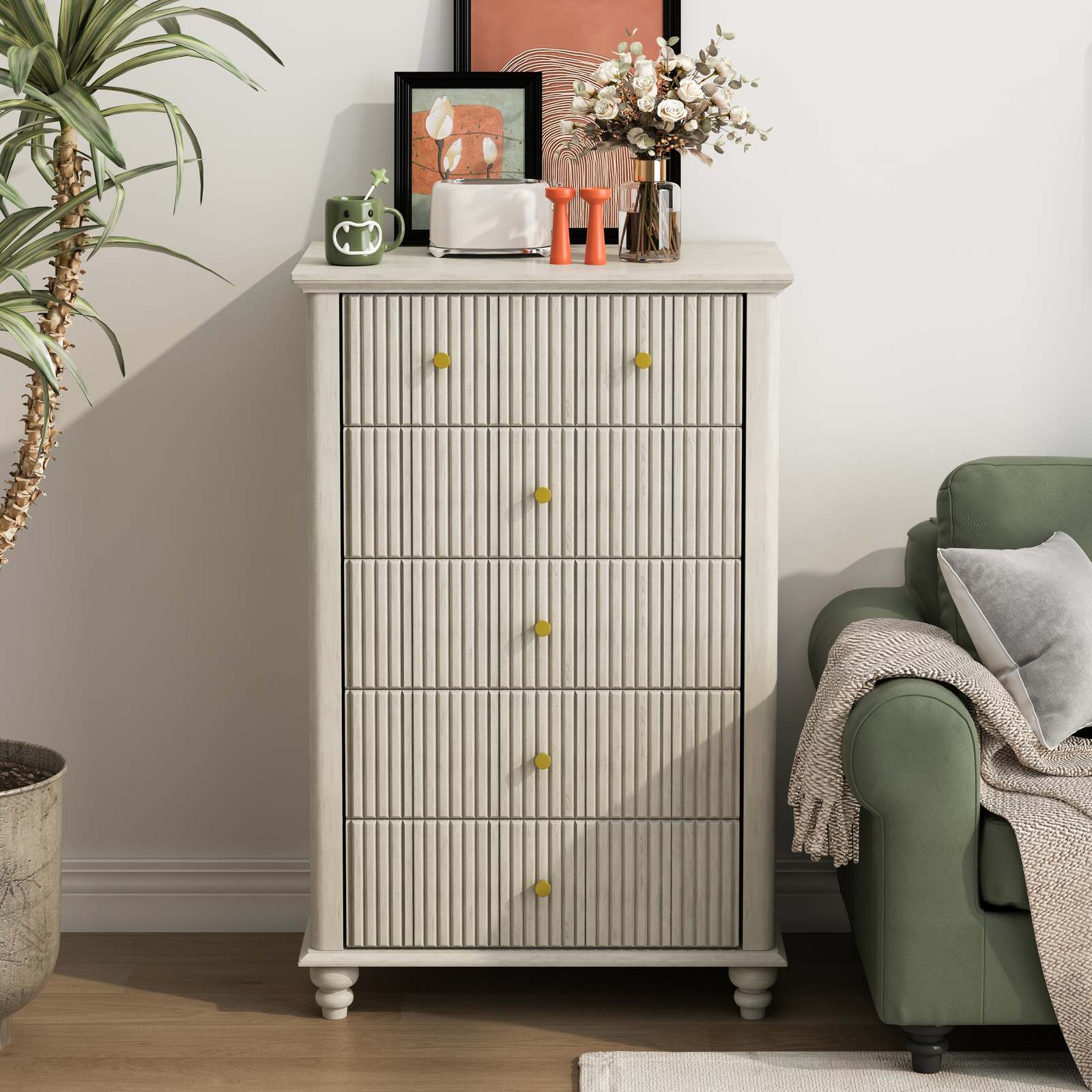 Beige Fluted 5-Drawer Dresser: Modern 45" Tall Chest of Drawers Item image 2