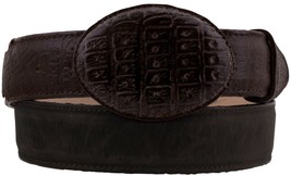 Brown Cowboy Leather Belt Crocodile Belly Pattern Western Rodeo Buckle Overlay - £23.97 GBP