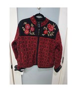 Icelandic Design Sweater Red Black Floral Embroidered L Warm Cozy - $55.00