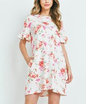 Perfect Peach Ivory Floral Side-Pocket Bell-Sleeve Shift Dress Ivory Medium NWOT - £5.92 GBP
