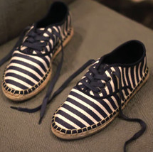 Zara Womens Navy Blue Ivory Striped Textile Espadrille Lace Up Shoe Size... - £13.81 GBP