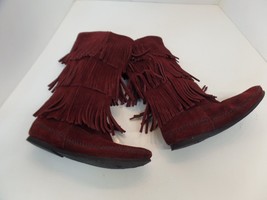 Minnetonka Burgundy Colored Three Tiered Leather Fringe Boots Sz 7 Made In DR - £31.58 GBP