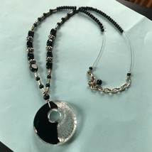 Black &amp; SIlvertone Bead w Fused Art Glass Open Circle Pendant Necklace – “cord”  - £10.46 GBP