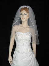 2T 2 Tier White Bridal Gown Elbow Length Swavoski Crystal Accent Veil v14 v14 - £12.01 GBP