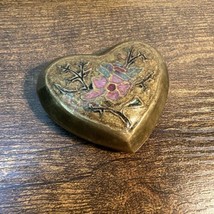 Vintage Brass Enameled Heart Paperweight MCM Floral Pink Love You - £3.98 GBP