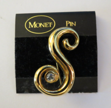 Monet Initial S Brooch Pin Brilliant Gold Tone Clear Rhinestone  1.5&quot; Hi... - $9.99