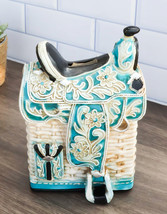 Rustic Western Turquoise Cowboy Horse Saddle With Floral Design Coin Piggy Bank - $27.99