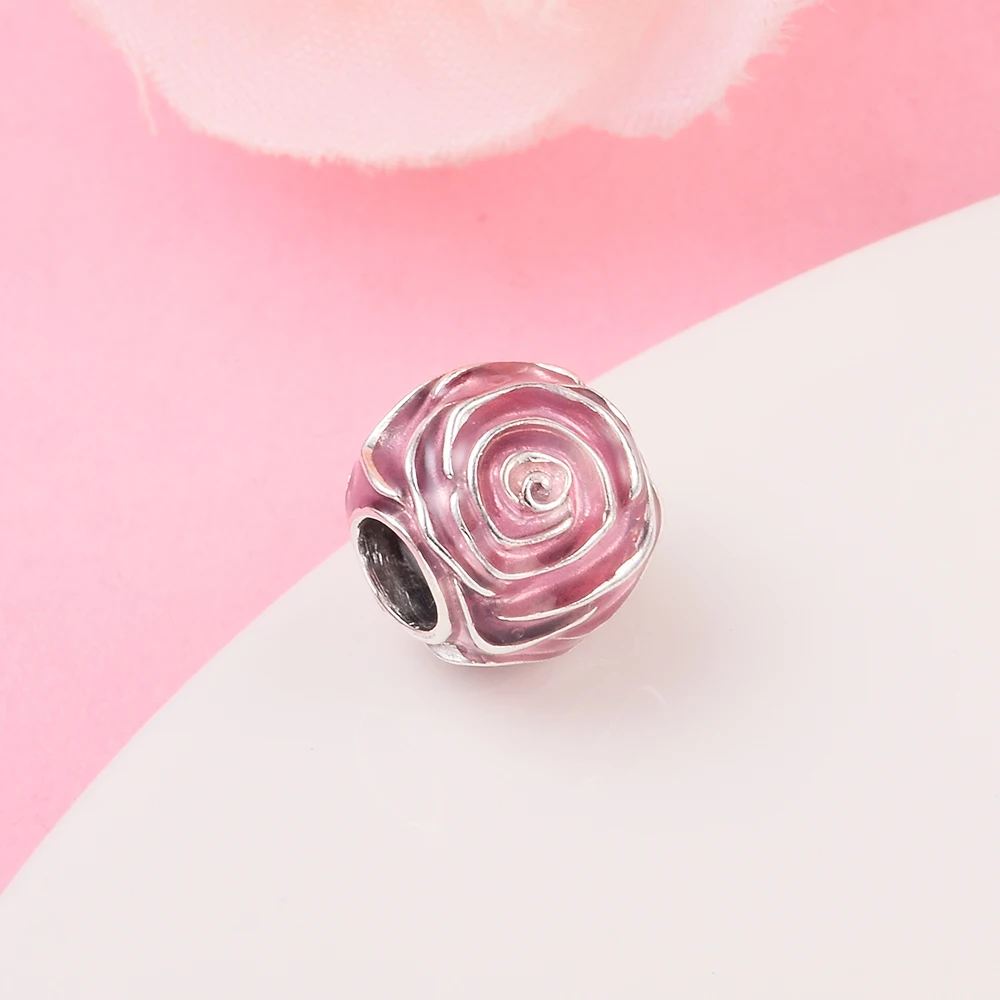 925 Sterling Silver Pink Rose in Bloom Charm with Cerise Enamel - 793212C01 - £14.14 GBP