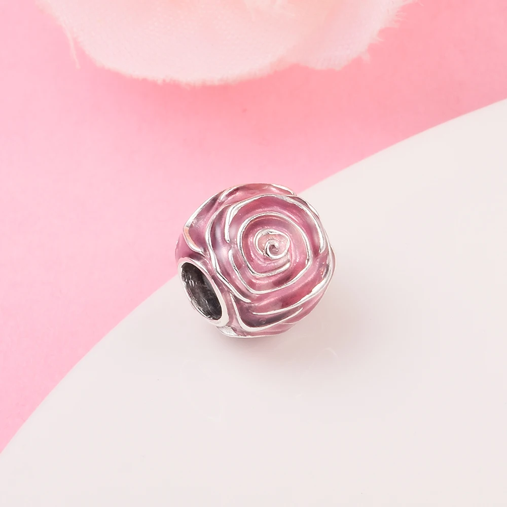 925 Sterling Silver Pink Rose in Bloom Charm with Cerise Enamel - 793212C01 - £13.93 GBP