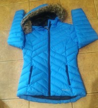 Eddie Bauer Womens Quilted Blue Goose Down Puffer Coat Faux Fur Hood Small EUC - £41.44 GBP