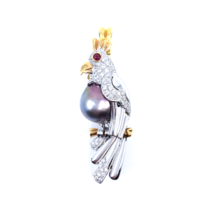 Women&#39;s Pendant and Brooch 18k Bicolor Gold Parrot Diamonds Ruby Silver Pearl - £4,145.85 GBP