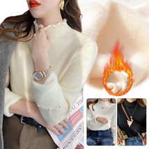 Womens Thickened Sweater Solid Plush High Neck Warm Slim Fleece Tops Winter - £14.46 GBP