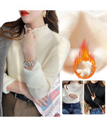 Womens Thickened Sweater Solid Plush High Neck Warm Slim Fleece Tops Winter - £14.41 GBP
