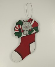 Kitty Cat in Stocking Holly Wooden Country Rustic 7.5&quot; Christmas Tree Ornament - £3.19 GBP