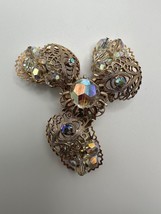 Antique Gold Iridescent Rhinestone Past Present Future Brooch 3&quot;  BB3 - $32.65