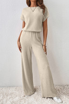 Oatmeal Ribbed Keyhole Short Sleeve Wide Leg Jumpsuit - $19.29