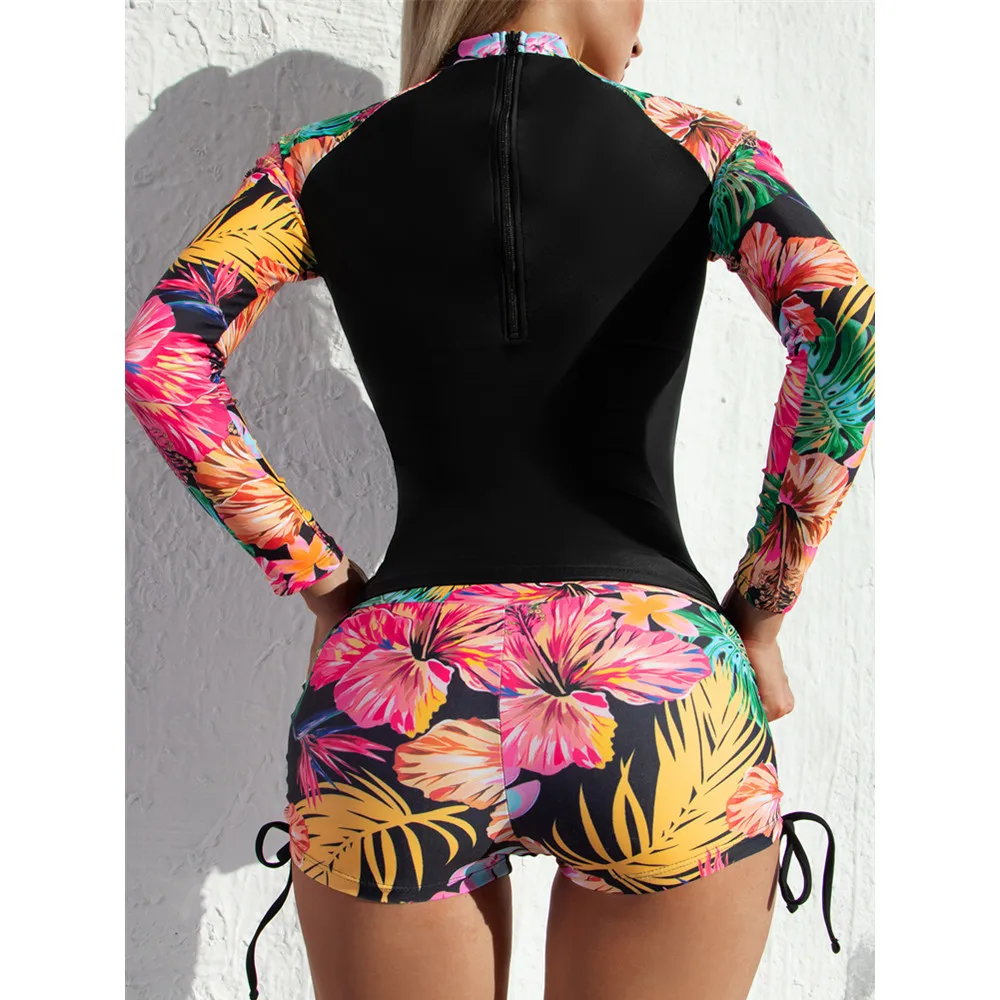 Sporting Long Sleeve Two Pieces Surfing Swimsuit Women 2022 New Floral Drawstrin - £55.15 GBP