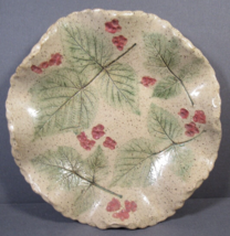 Studio Art Pottery Wavy Dish 8&quot; Tan Pressed Leaf &amp; Berries Pattern Signe... - £14.16 GBP