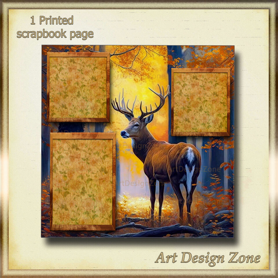 A Deer in the Woods Scrapbook Page -1 Bucks &amp; Fall Colored 3 Photo Areas - $12.00