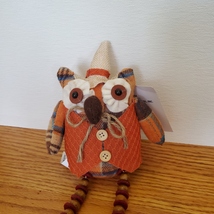 Owl Shelf Sitter, Plaid Fabric, wearing waistcoat and hat, bead legs, fall decor image 2