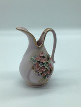 Vintage Fine China Lavender Pink Cruet Applied Flower Vase Pitcher 6&quot; Tall - £17.54 GBP