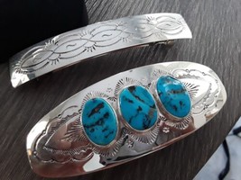 New 925 Sterling Silver Turquoise Barrette Hair Clip Set Free Shipping - £175.20 GBP