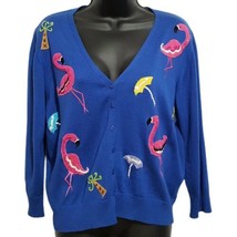 Jack B Quick Women&#39;s Cardigan Sweater Large Blue Flamingos Umbrellas Beaded - £18.27 GBP