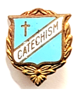 Catechism Shield Gold Tone Cross Laurel Wreath Blue White Enamel Pin Rel... - €11,14 EUR