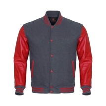 Super Stylish Varsity Letterman Baseball Jacket Gray Body &amp; Red Leather Sleeves - £77.09 GBP