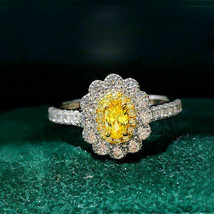 2.40Ct Oval Cut Yellow Diamond Double Halo Engagement Ring 14K White Gold Finish - £90.80 GBP