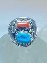 Turquoise ring coral Navajo southwest band sterling silver size 10.75 - £123.04 GBP