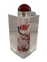 Vintage Asian Snuff Bottle Reverse Painted Crystal Glass Pink Cherry Blossom - £30.88 GBP