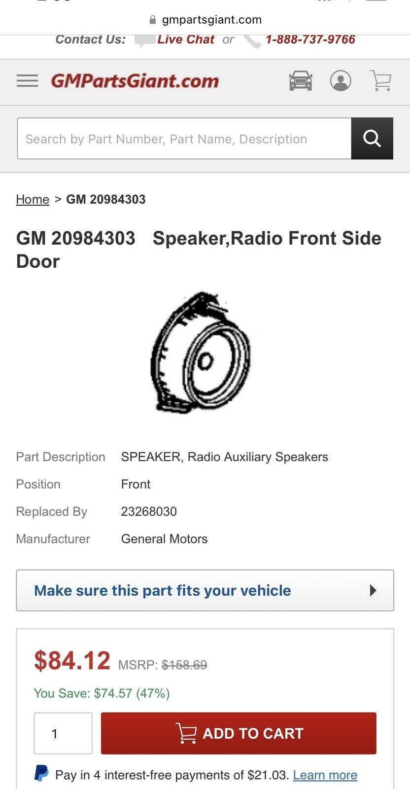 Primary image for Part #20984303 GM Front Door Radio Speaker 2011-2015  Chevrolet Camaro