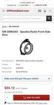 Part #20984303 GM Front Door Radio Speaker 2011-2015  Chevrolet Camaro - $39.74