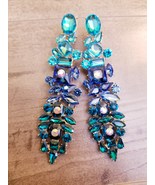 Blue Drop Earrings, Bridesmaid Rhinestone Earrings, 4.2 Inch Pageant Jew... - £34.44 GBP