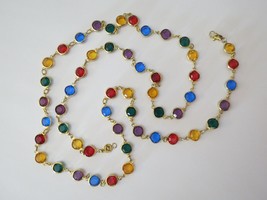 Bezel Set Bellagio Crystal Necklace Multi Color Gold Tone Links 35&quot; Red Purple - £40.30 GBP