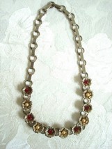 Vintage Necklace ~ Choker ~ Silver-tone Flowers ~ Red Rhinestones ~ Imit... - $10.00