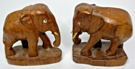 Vintage Pair of Wooden Elephant 3&quot; Statues Hand Carved  Solid Wood On Base PB192 - £21.20 GBP