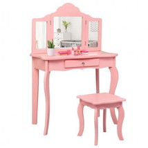 Kids Makeup Dressing Mirror Vanity Table Stool Set-Pink - £140.03 GBP