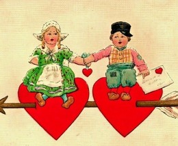 Dutch Children Riding Hearts Arrows Valentines Embossed 1913 Vtg Postcard - £9.74 GBP