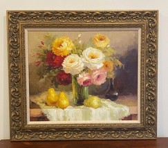 Vtg. Oil Painting on Canvas Flowers Ornate Frame Impressionist Sgd. 27 7/8&quot; x 32 - £126.13 GBP