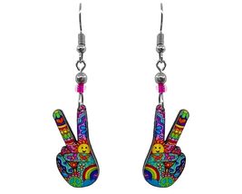 Psychedelic Peace Sign Hands Earrings Hippie Symbol Graphic Dangles - Retro Fash - £9.46 GBP