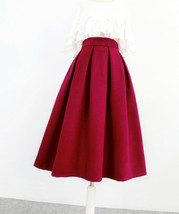 Winter Wine-red Long Pleated Skirt Women Plus Size A-line Wool Midi Party Skirt image 2