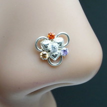 Floral 925 Plata de Ley Multicolor Circonita Cúbica Nariz Anillo Empuje Pin - £8.30 GBP