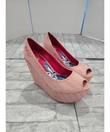 Ed Hardy Size 9 Women&#39;s Pink Coral Wedge Peep Toe Pump Canvas 4&quot; heel Y2K - $42.38 CAD