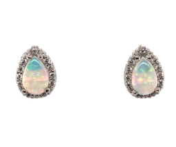 Platinum Pear Shape Australian Genuine Opal Diamond Halo Stud Earrings (... - $1,311.75